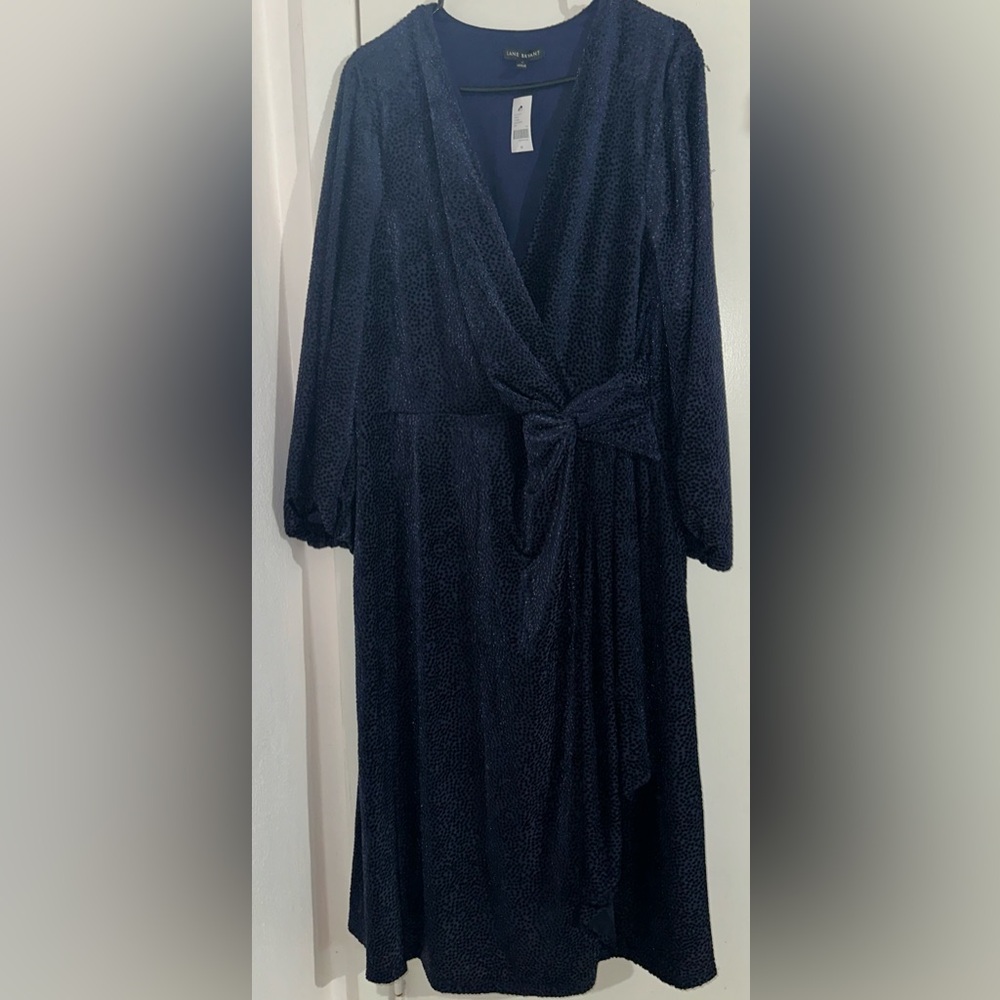 Lane Bryant Navy Blue Velvet Dot Faux Wrap Balloon
 Sleeve Dress Plus
